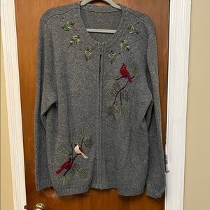 Women’s Embroidered Gray Sweater Cardinal Design and beading Pit to pit 22-23